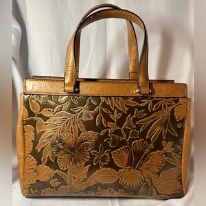 Mellow World Salome embossed satchel in cognac vegan leather.